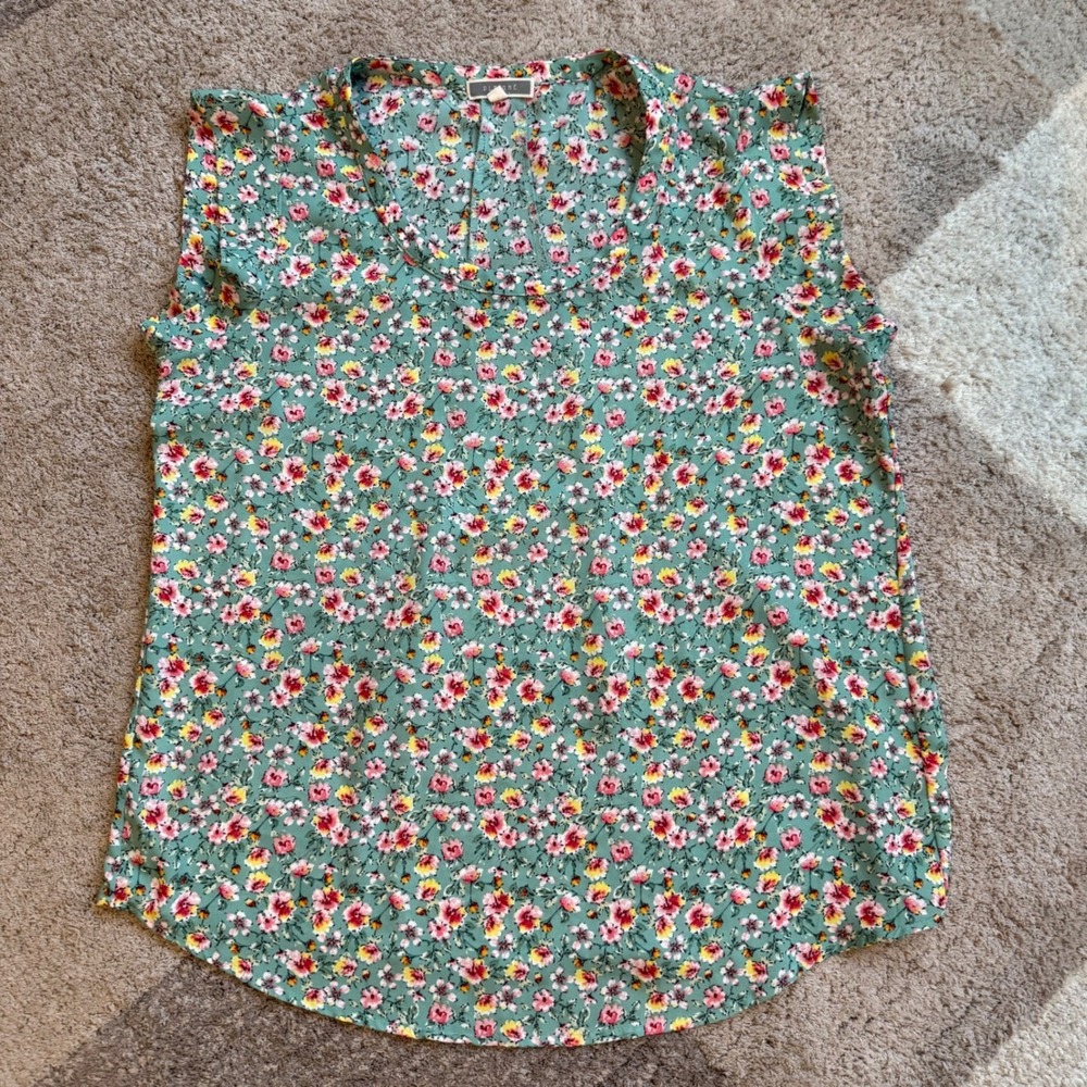 Pleione‎ Womens Floral Sleeveless Blouse Green Pink Yellow Scoop Neck Top Medium